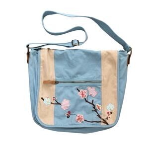 Vintage Old Navy Embroidered Blue Floral Cherry Blossom Book Bag Y2K School